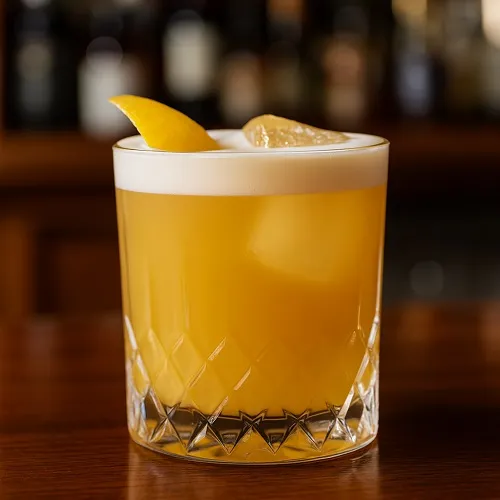 A classic Amaretto Sour cocktail served in a rocks glass, featuring amber-hued liquid with a frothy egg white foam top.